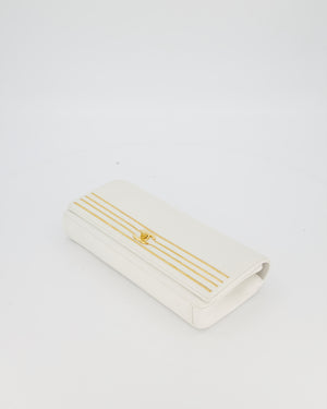 Chanel 19C Captain Clutch Bag in White Caviar Leather with Gold Hardware and Gold Bar Detailing