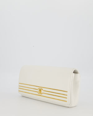 Chanel 19C Captain Clutch Bag in White Caviar Leather with Gold Hardware and Gold Bar Detailing
