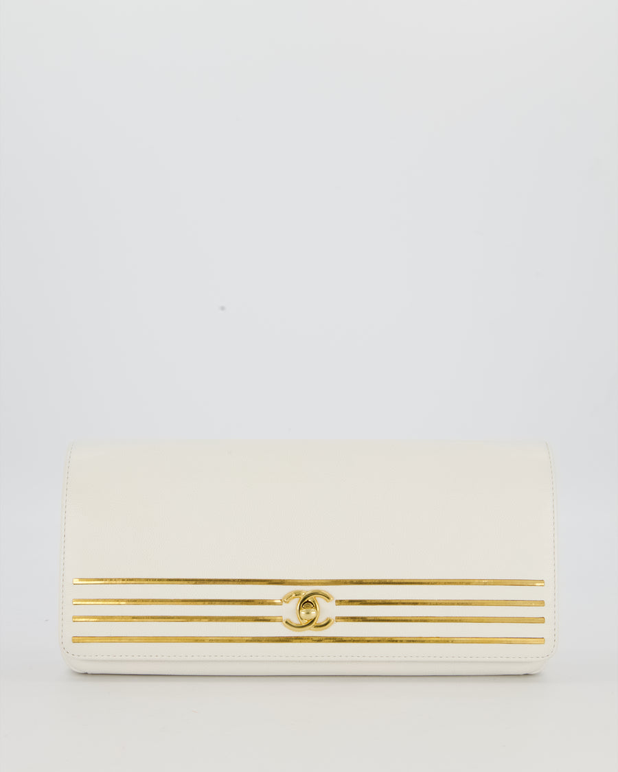 Chanel 19C Captain Clutch Bag in White Caviar Leather with Gold Hardware and Gold Bar Detailing