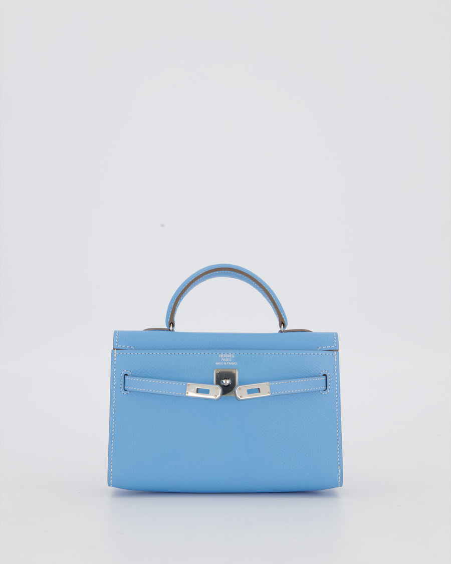 Hermès Micro Mini Kelly 15 Bag in Blue Celeste Epsom Leather with Palladium Hardware