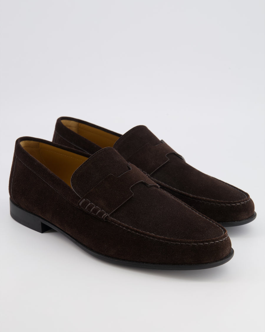 Hermès Menswear Marron Ebene Suede Matthew Leather Loafers with H Detail Size 43.5 RRP £1,180