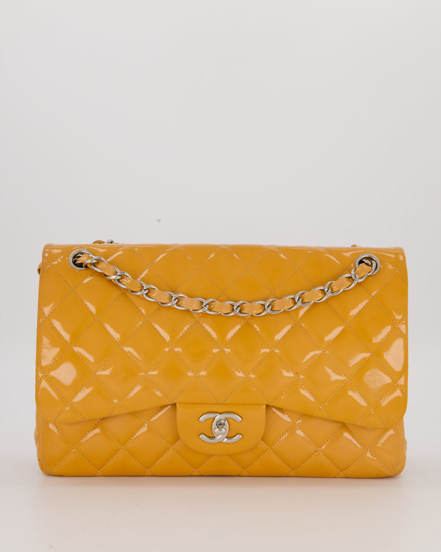 Chanel Orange Jumbo Classic Double Flap Bag in Patent Leather with Silver Hardware