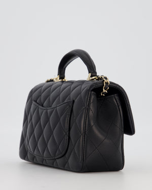 Chanel Black Mini Rectangular Top Handle Flap Bag in Lambskin Leather with Champagne Hardware and Strass Removable Bow Charm