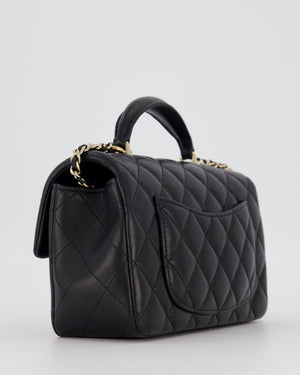 Chanel Black Mini Rectangular Top Handle Flap Bag in Lambskin Leather with Champagne Hardware and Strass Removable Bow Charm
