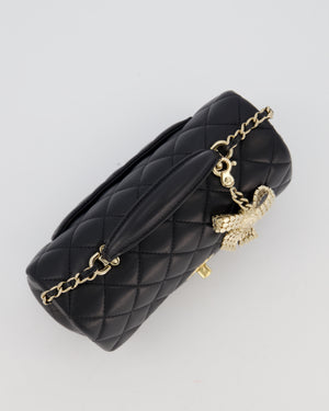 Chanel Black Mini Rectangular Top Handle Flap Bag in Lambskin Leather with Champagne Hardware and Strass Removable Bow Charm