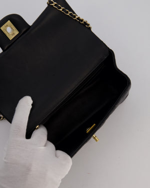Chanel Black Mini Rectangular Top Handle Flap Bag in Lambskin Leather with Champagne Hardware and Strass Removable Bow Charm