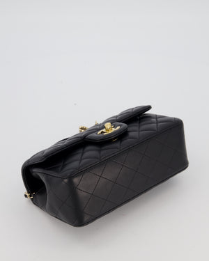 Chanel Black Mini Rectangular Top Handle Flap Bag in Lambskin Leather with Champagne Hardware and Strass Removable Bow Charm