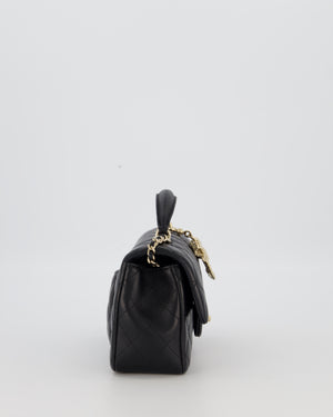 Chanel Black Mini Rectangular Top Handle Flap Bag in Lambskin Leather with Champagne Hardware and Strass Removable Bow Charm