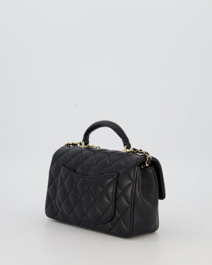 Chanel Black Mini Rectangular Top Handle Flap Bag in Lambskin Leather with Champagne Hardware and Strass Removable Bow Charm