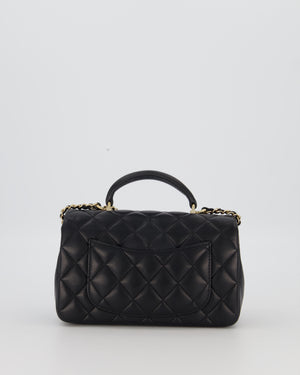 Chanel Black Mini Rectangular Top Handle Flap Bag in Lambskin Leather with Champagne Hardware and Strass Removable Bow Charm