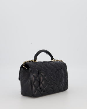 Chanel Black Mini Rectangular Top Handle Flap Bag in Lambskin Leather with Champagne Hardware and Strass Removable Bow Charm