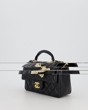 Chanel Black Mini Rectangular Top Handle Flap Bag in Lambskin Leather with Champagne Hardware and Strass Removable Bow Charm