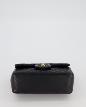 Chanel Black Mini Rectangular Top Handle Flap Bag in Lambskin Leather with Champagne Hardware and Strass Removable Bow Charm