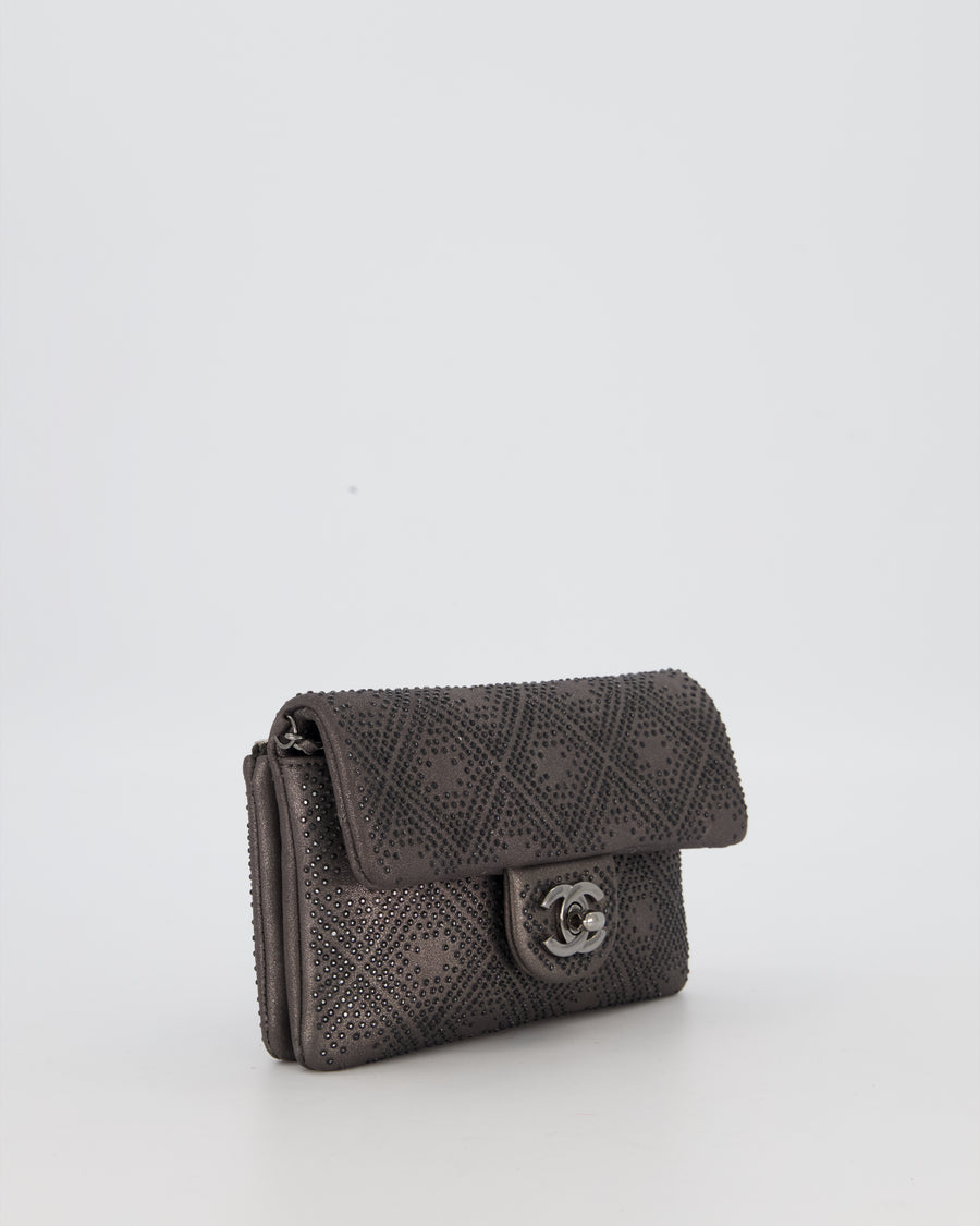 Chanel Grey Embellished Rhinestones  Mini Flap Bag in Suede Leather With Gunmetal Hardware