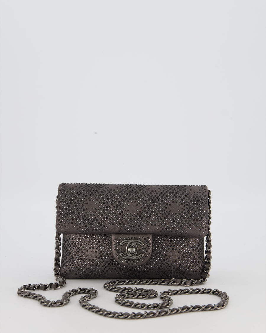 Chanel Grey Embellished Rhinestones  Mini Flap Bag in Suede Leather With Gunmetal Hardware