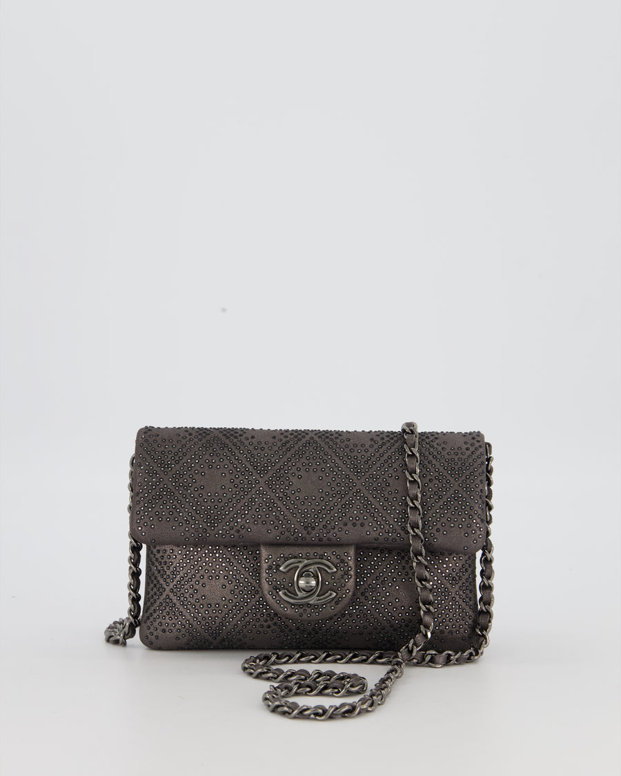 Chanel Grey Embellished Rhinestones  Mini Flap Bag in Suede Leather With Gunmetal Hardware