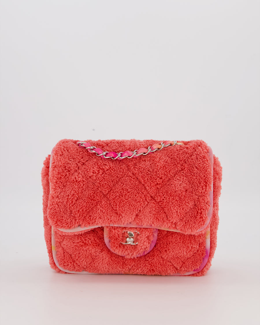 Chanel Pink Terry Cloth Quilted Square Flap Bag with Silver Hardware