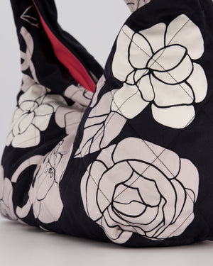 Chanel Black and White Camellia Large Hobo Bag in Fabric with Pink Interior and Gold Hardware
