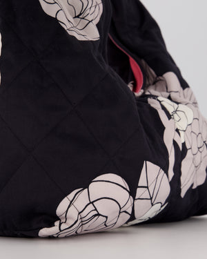 Chanel Black and White Camellia Large Hobo Bag in Fabric with Pink Interior and Gold Hardware