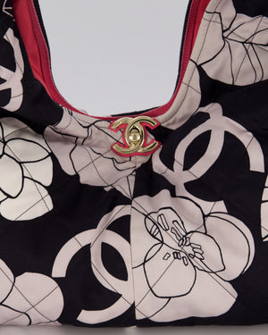 Chanel Black and White Camellia Large Hobo Bag in Fabric with Pink Interior and Gold Hardware