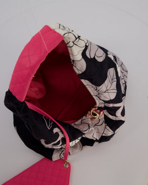 Chanel Black and White Camellia Large Hobo Bag in Fabric with Pink Interior and Gold Hardware