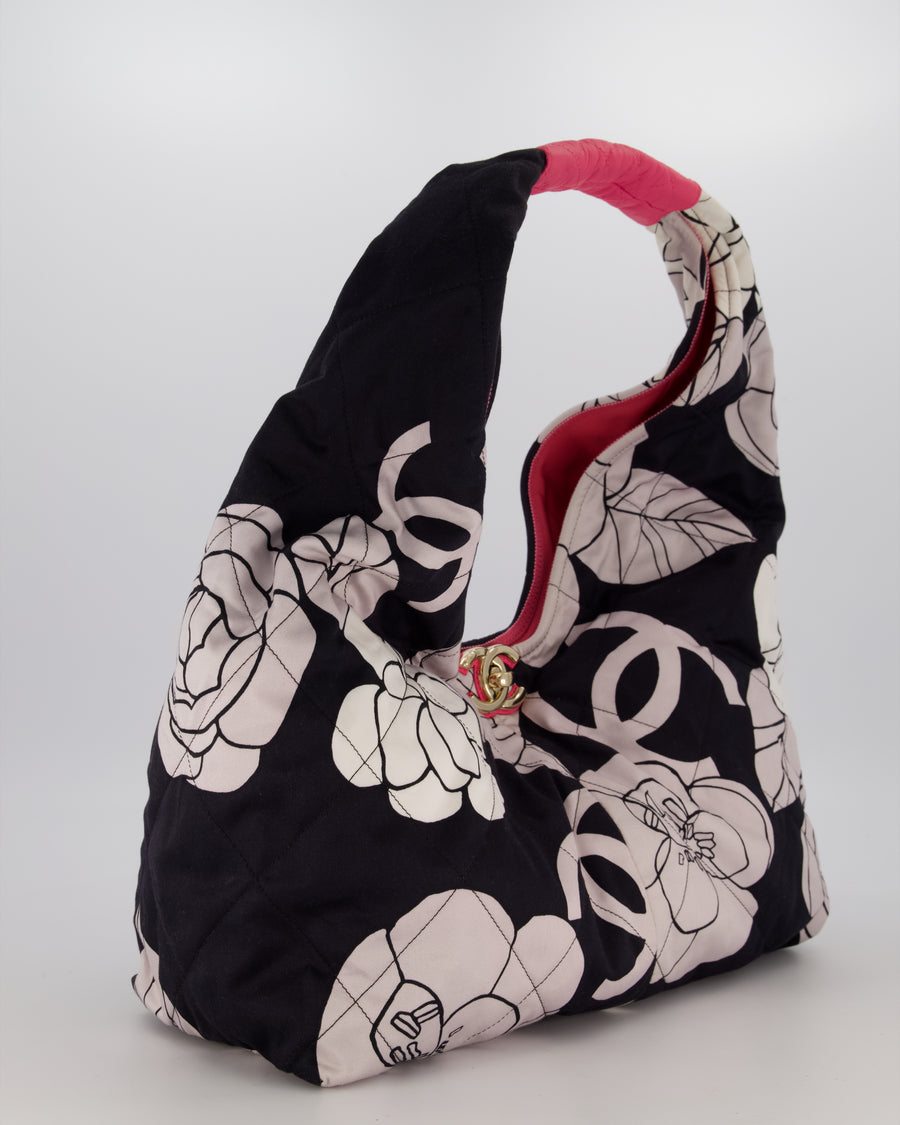 Chanel Black and White Camellia Large Hobo Bag in Fabric with Pink Interior and Gold Hardware