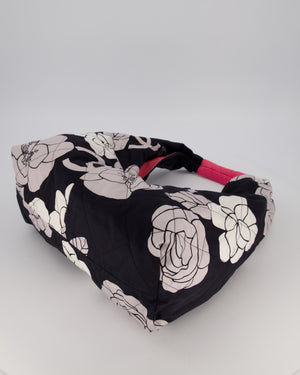 Chanel Black and White Camellia Large Hobo Bag in Fabric with Pink Interior and Gold Hardware