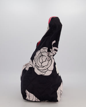 Chanel Black and White Camellia Large Hobo Bag in Fabric with Pink Interior and Gold Hardware