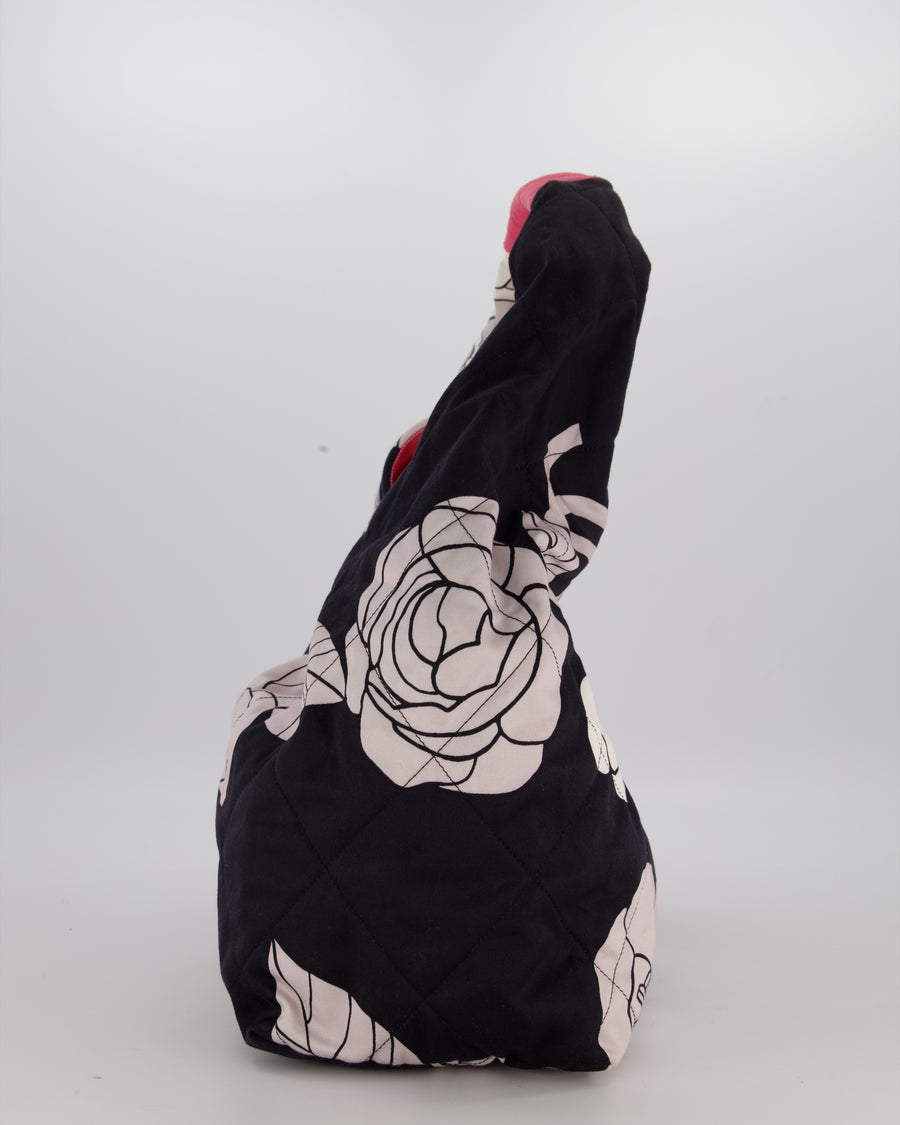 Chanel Black and White Camellia Large Hobo Bag in Fabric with Pink Interior and Gold Hardware