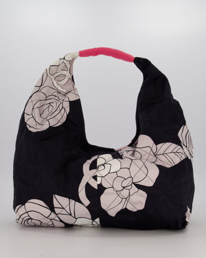 Chanel Black and White Camellia Large Hobo Bag in Fabric with Pink Interior and Gold Hardware