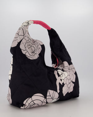 Chanel Black and White Camellia Large Hobo Bag in Fabric with Pink Interior and Gold Hardware