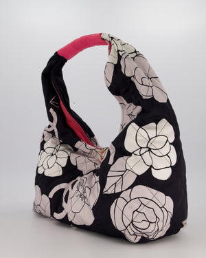 Chanel Black and White Camellia Large Hobo Bag in Fabric with Pink Interior and Gold Hardware