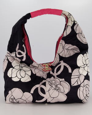 Chanel Black and White Camellia Large Hobo Bag in Fabric with Pink Interior and Gold Hardware