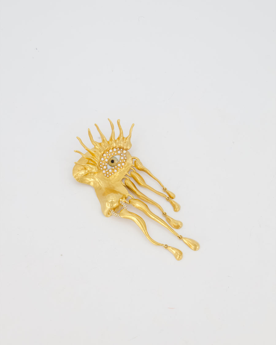 Schiaparelli Gold Toned Eye Pearl Brooch with Crystal Details