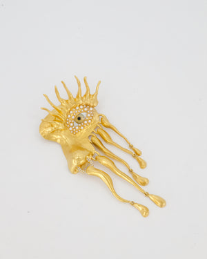 Schiaparelli Gold Toned Eye Pearl Brooch with Crystal Details