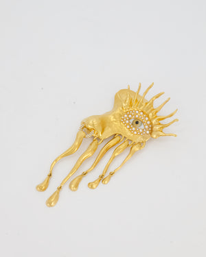 Schiaparelli Gold Toned Eye Pearl Brooch with Crystal Details