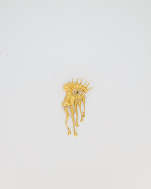 Schiaparelli Gold Toned Eye Pearl Brooch with Crystal Details