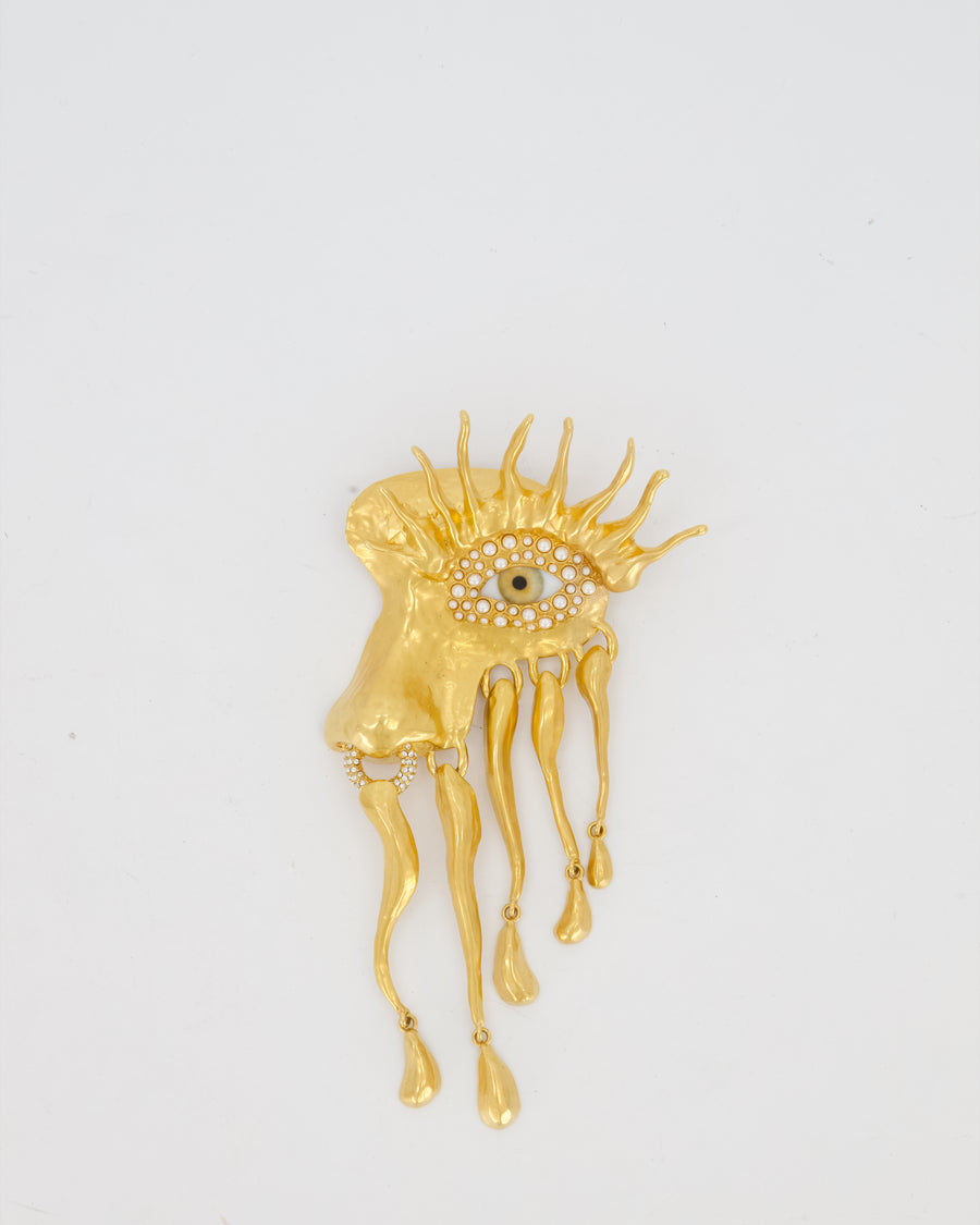 Schiaparelli Gold Toned Eye Pearl Brooch with Crystal Details