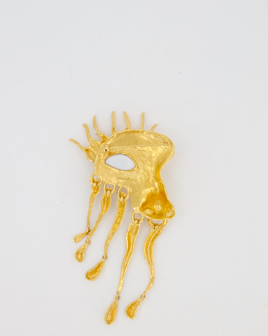 Schiaparelli Gold Toned Eye Pearl Brooch with Crystal Details