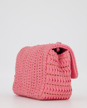 Chanel Pink Crochet Lambskin Leather Mini Rectangular Single Flap Bag with Gun Metal Hardware