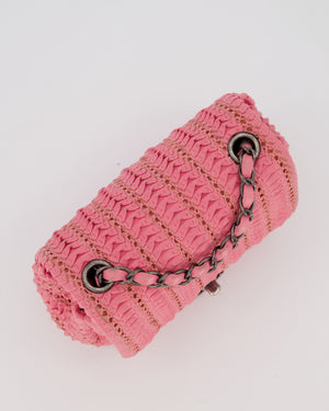 Chanel Pink Crochet Lambskin Leather Mini Rectangular Single Flap Bag with Gun Metal Hardware
