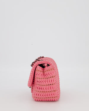Chanel Pink Crochet Lambskin Leather Mini Rectangular Single Flap Bag with Gun Metal Hardware