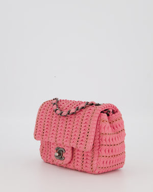 Chanel Pink Crochet Lambskin Leather Mini Rectangular Single Flap Bag with Gun Metal Hardware