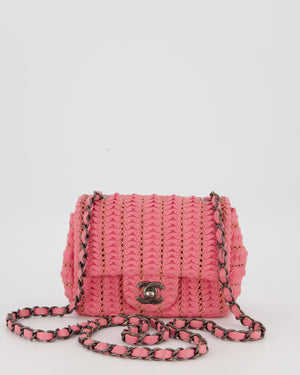 Chanel Pink Crochet Lambskin Leather Mini Rectangular Single Flap Bag with Gun Metal Hardware