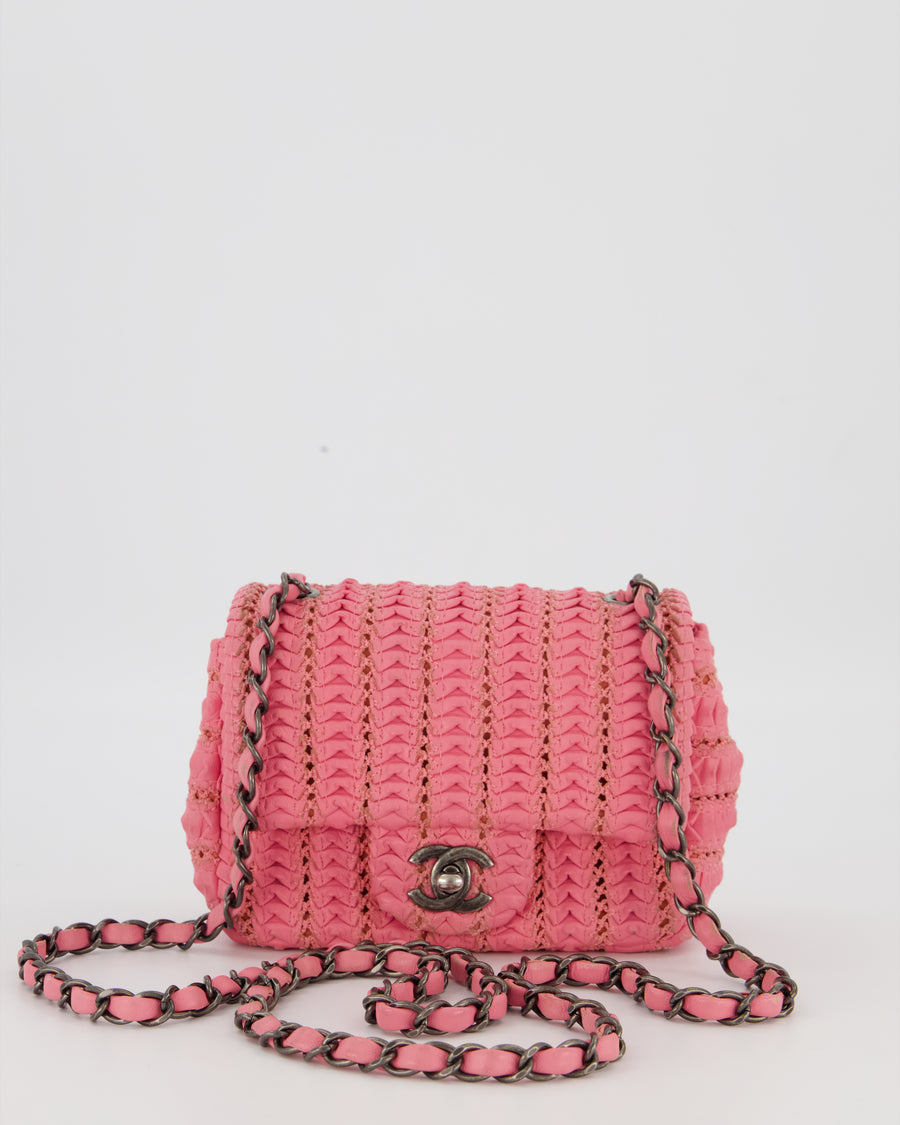 Chanel Pink Crochet Lambskin Leather Mini Rectangular Single Flap Bag with Gun Metal Hardware