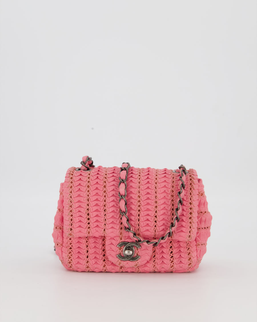 Chanel Pink Crochet Lambskin Leather Mini Rectangular Single Flap Bag with Gun Metal Hardware