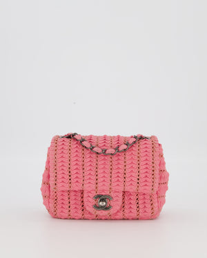 Chanel Pink Crochet Lambskin Leather Mini Rectangular Single Flap Bag with Gun Metal Hardware