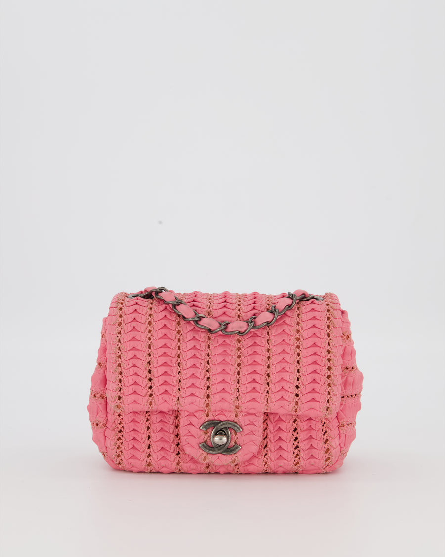 Chanel Pink Crochet Lambskin Leather Mini Rectangular Single Flap Bag with Gun Metal Hardware