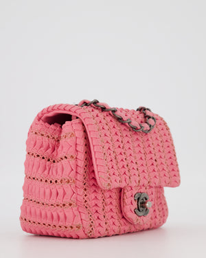 Chanel Pink Crochet Lambskin Leather Mini Rectangular Single Flap Bag with Gun Metal Hardware