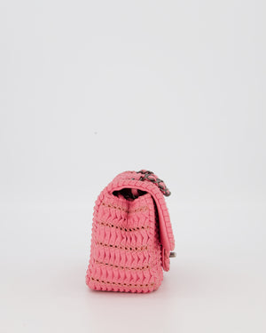 Chanel Pink Crochet Lambskin Leather Mini Rectangular Single Flap Bag with Gun Metal Hardware